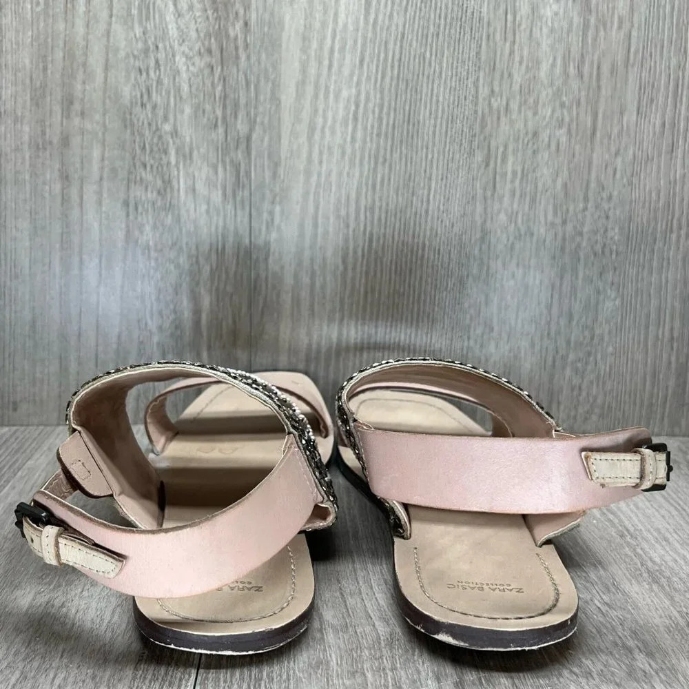 ZARA Basic Sandals Size 40 US 9.5 Boho Sequin Embellished Slingback Flats Pink - Picture 6 of 11